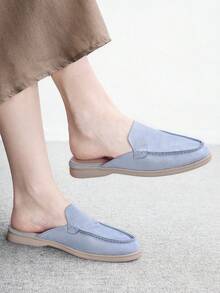 CUCCOO BIZCHIC 时尚蓝色绒面革舒适通勤女式平底穆勒鞋，女式平底鞋拖鞋，适合户外购物和工作，日常舒适平底女鞋 - 藍色 - 查看 2