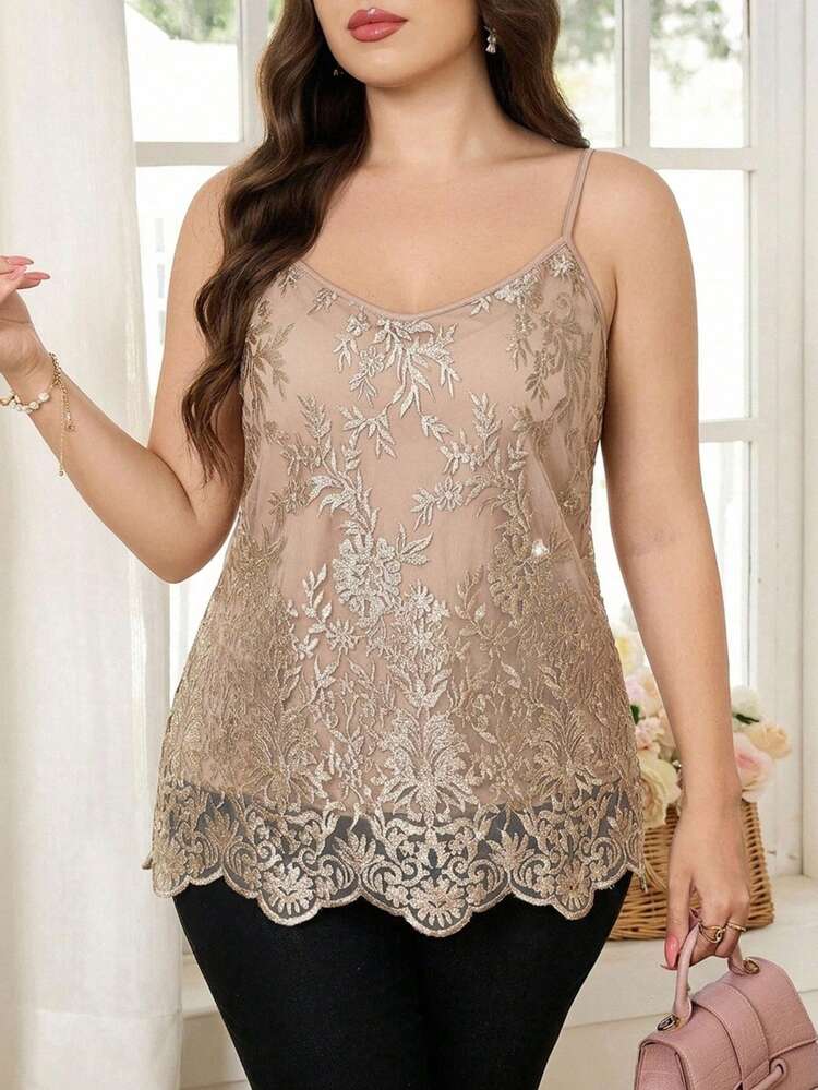 SHEIN Clasi Plus Size Women Floral Embroidery Pattern Casual Versatile Daily Wear Camisole - Khaki - View 8