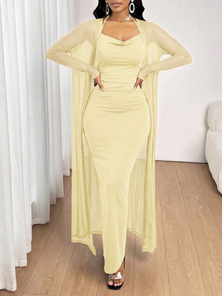 SHEIN Lady 淡黃色秋季套裝長袖睡袍V領洋裝,優雅性感兩件套,適合夜生活、夜店、度假、晚餐約會 - 鵝黃色 - 查看 1