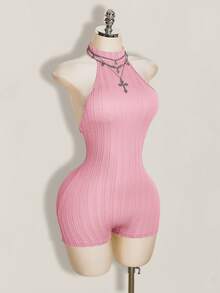 SHEIN ICON 女款黑色掛脖露背緊身貼身高領基本款休閒連身褲 - 粉色 - 查看 7