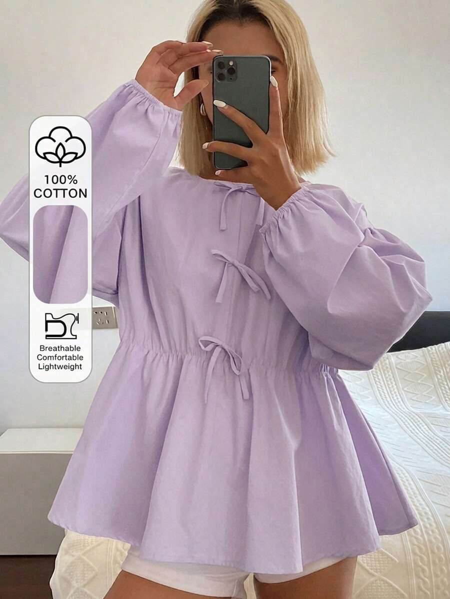 DAZY 女款圓領蝴蝶結寬鬆休閒度假襯衫 - 紫色 - 查看 1