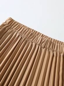 Elenzga Plus Size Women Solid Color Top And Pleated Skirt Casual Daily Outfit Set - Brown - View 5