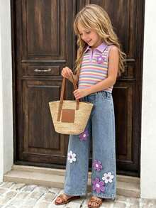 Souflis Souflis New Girls 4-7 Years Old Spring/Summer 2-Piece Set Sleeveless Top And Denim Long Pants With Embroidery Patch Design, Fashionable And Stylish For 4-7 Years Old Girls, Suitable For Daily Casual, Vacation, School, Travel, Outdoor Sports, Back To School - Multicolor - View 8