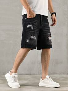 QuarKem Celana Pendek Denim Kasual Longgar dengan Saku Sobek Polos untuk Pria, Cocok untuk Nongkrong, Pesta, Liburan, dan Jalanan - Dark Grey - View 4
