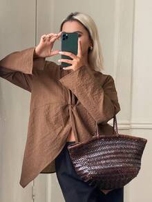 Livesso Women's Spring Autumn Casual Vacation Daily Commute Office Work Minimalist Versatile Solid Color V-Neck Twisted Chest Flared Sleeve Blouse Mocha Brown - Brown - View 5