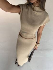 Aloruh Women's Autumn/Winter New Solid Camel Short Sleeve Sweater And Skirt 2 Pieces Set, Suitable For Home, Street, Daily Wear, Layering - Khaki - View 6