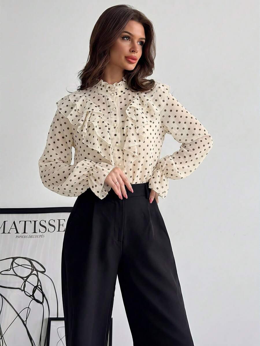Firerie Autumn Women's Elegant Exquisite Romantic Court Vintage Stand Collar Ruffle Jacquard Textured Button Bell Sleeve Apricot Blouse