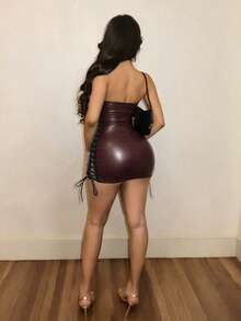 BamGleam 女款性感人造皮革綁帶抹胸短款夏季洋裝 - 棕色 - 查看 2