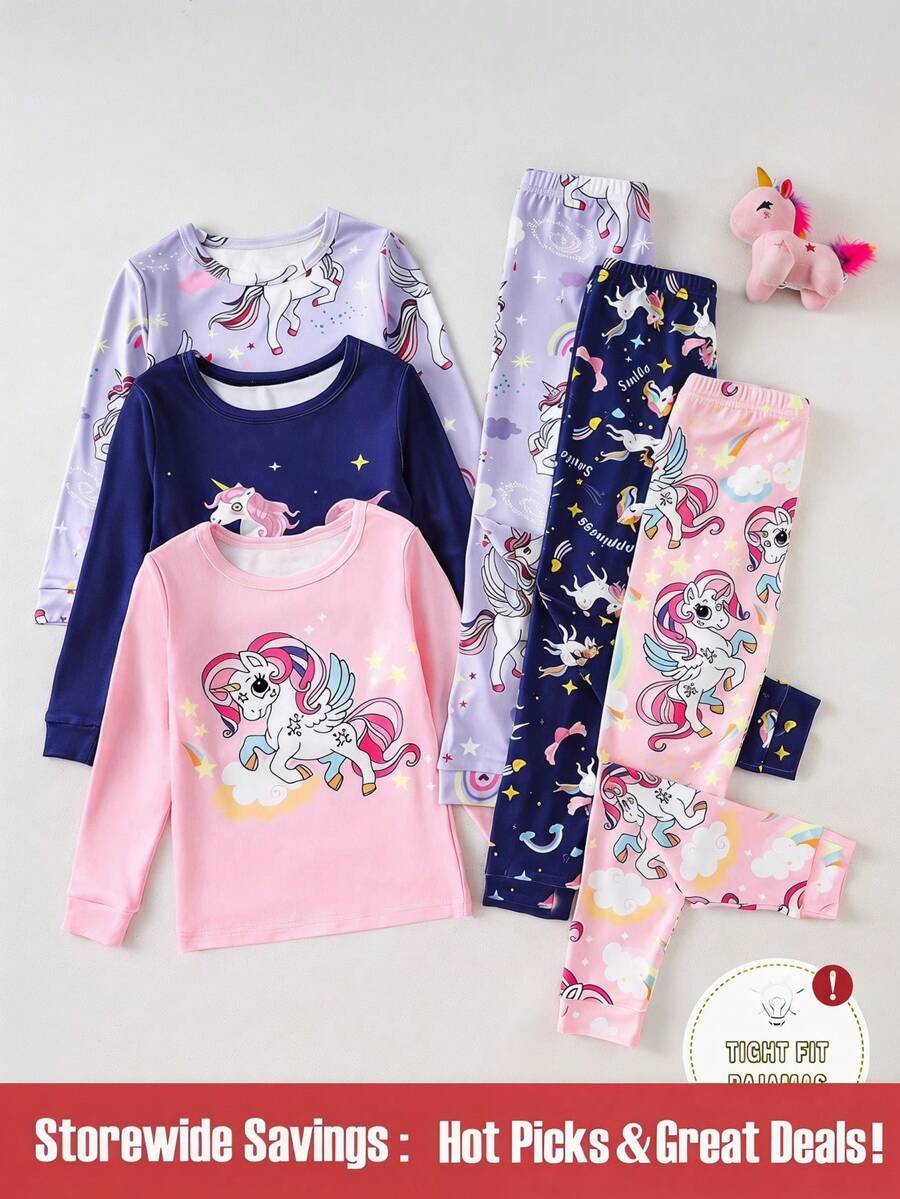 SHEIN 6件套女童独角兽印花简约全印花打底裤和长袖贴身睡衣套装 - 彩色 - 查看 1