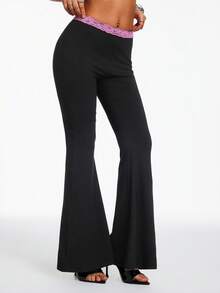 Hanevo Women's Solid Color Lace Patchwork High Waist Slim Fit Flared Pants, Versatile For Daily Wear - Black - View 3