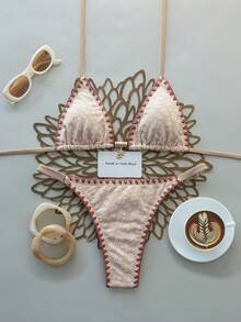 Swim Mod 新款女款優雅奢華波西米亞度假風 2 件式清新淺藍色紋理手工刺繡三角比基尼套裝，白色雛菊刺繡、棕色對比縫線飾邊與海星金屬吊飾，可調節性感三角褲底附滑塊細節，彈性泳裝面料，適合夏季海灘度假、泳池派對、音樂節、母親節/婚禮假期、春假穿搭 - 米色 - 查看 3