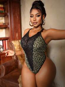 SHEIN 1pc Plus Size Lace Patchwork Leopard Print Wireless Sexy Bodysuit - Multicolor - View 6