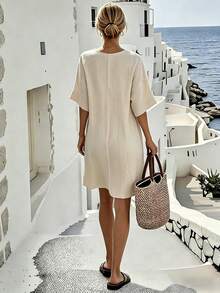 SHEIN Holidaya Women's Casual Boho Tropical Autumn Beach Vacation Print Mid-Length Dress Beige - Beige - View 2