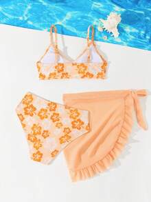 SHEIN 青少年女孩海灘度假花卉印花泳衣套裝附外罩裙 - 橘色 - 查看 2