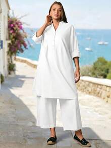 Rosumi Plus Size Women's Solid Color Rolled Sleeve Long Shirt And Pants Casual 2 Pieces Set - White - View 4