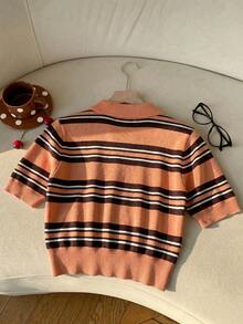 SHEIN EZwear 半拉链短袖休闲百搭条纹针织衫，多色 - 橘色 - 查看 2