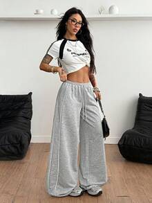 SHEIN Tall CURVE 大码休闲运动抽绳阔腿裤 - 淺灰色 - 查看 6