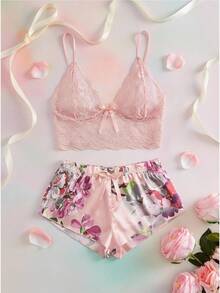 Elorette Floral Lace Bralet With Floral Shorts - Coral Pink - View 10