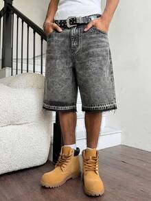 Manfinity Hypemode Men's Street Style Casual Whiskered Wide Leg Dark Grey Denim Shorts, Holiday - Dark Grey - View 5