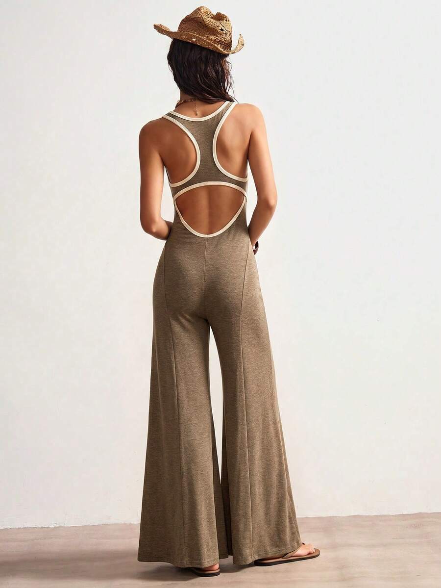 Bohemela Casual Knit Colorblock Cutout Women's Jumpsuit - Khaki - View 1