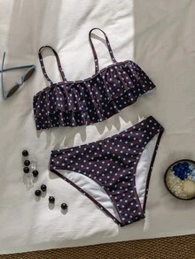 Swim Mod 女款夏季度假休閒海灘裝棕藍波點印花兩件式比基尼套裝，可調節肩帶與荷葉邊飾，優雅度假泳衣套裝 - 彩色 - 查看 6