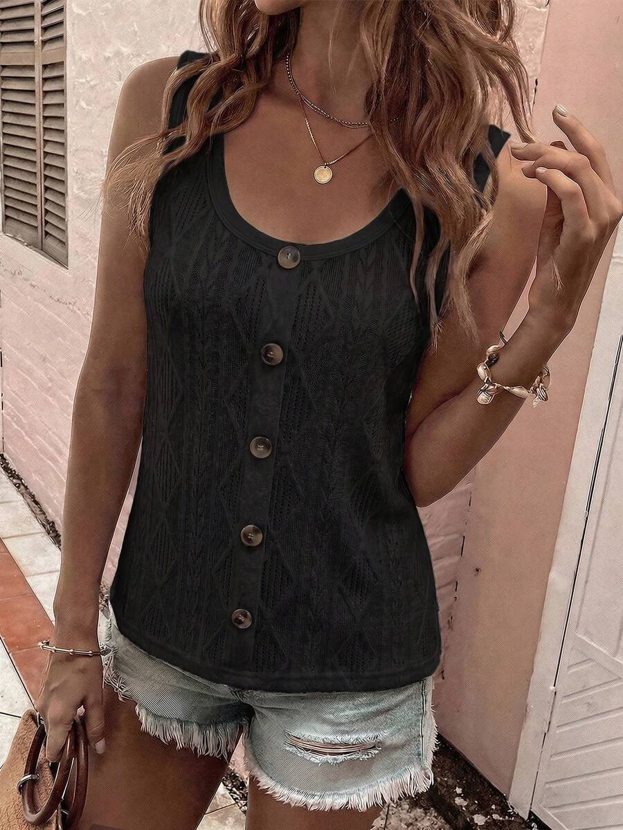 SHEIN LUNE Áo tank top nữ màu trơn cổ tròn thiết kế cúc cài phong cách thường ngày - màu đen - Xem 1