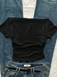 Attitoon Women's Casual Ruched Waist Off-Shoulder Fitted Short Sleeve T-Shirt Suitable For Summer - Black - View 2