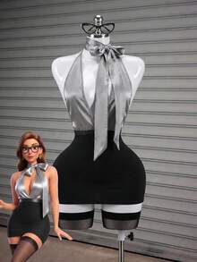 Fantasy Costume Fantasy Costume 女款性感對比色深V結領修身露背內衣套裝 - 彩色 - 查看 6