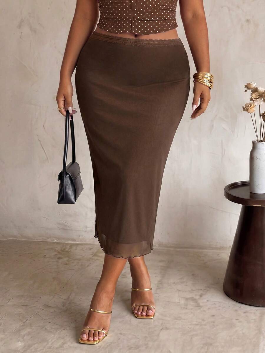 Firerie Plus Size Autumn Casual Sexy Elegant Solid Color Fitted Skirt Formal Night Party Wedding Guest Brunch Night Party Date Night Brown Fall