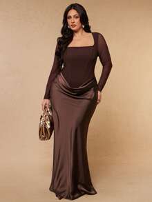 SHEIN BAE CURVE Plus Size Women's Brown Long Sleeve Square Neck Mesh Elegant Dress - Brown - View 1