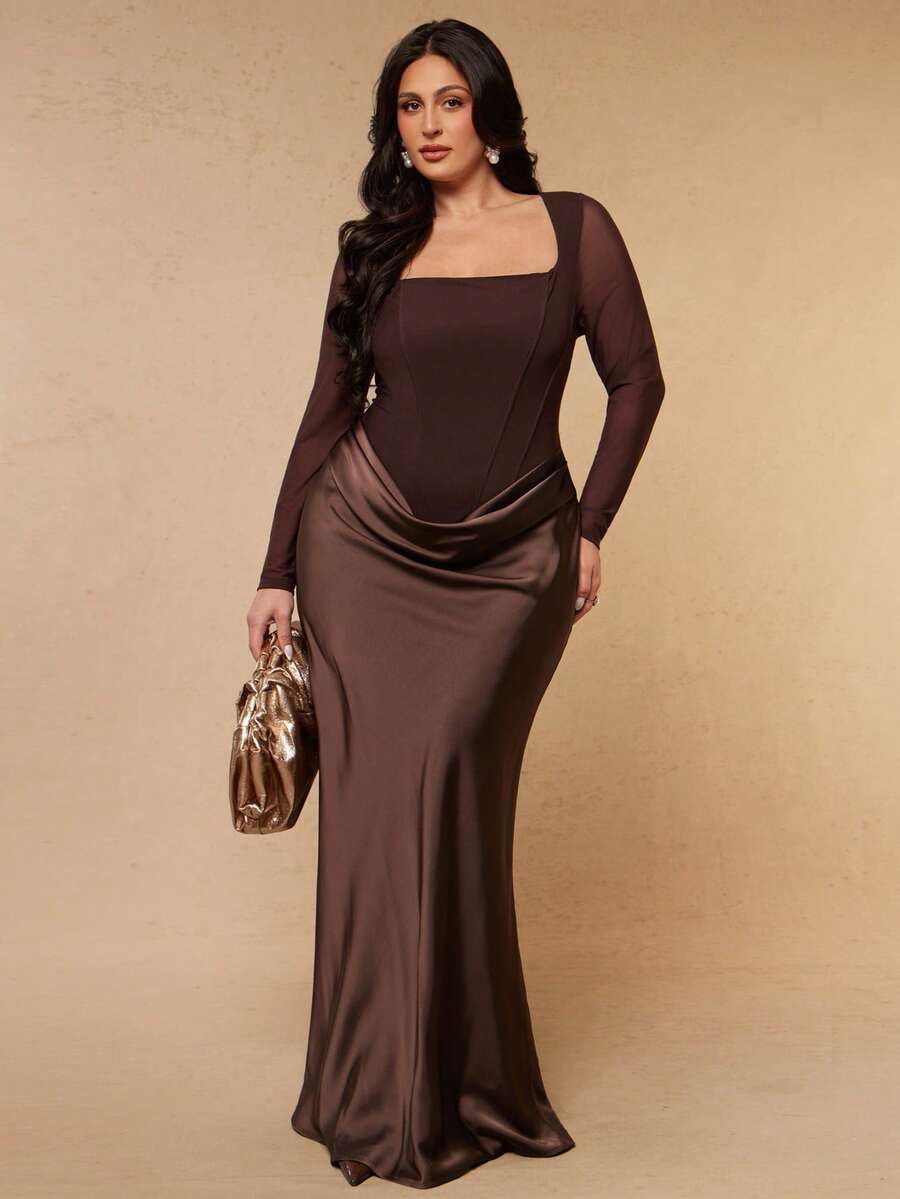 SHEIN BAE CURVE Plus Size Women's Brown Long Sleeve Square Neck Mesh Elegant Dress - Brown - View 1