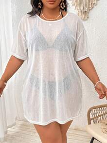 Swim Lushoire Plus Size Women's Solid Color Round Neck Short Sleeve Loose Cover-Up Dress - White - View 5