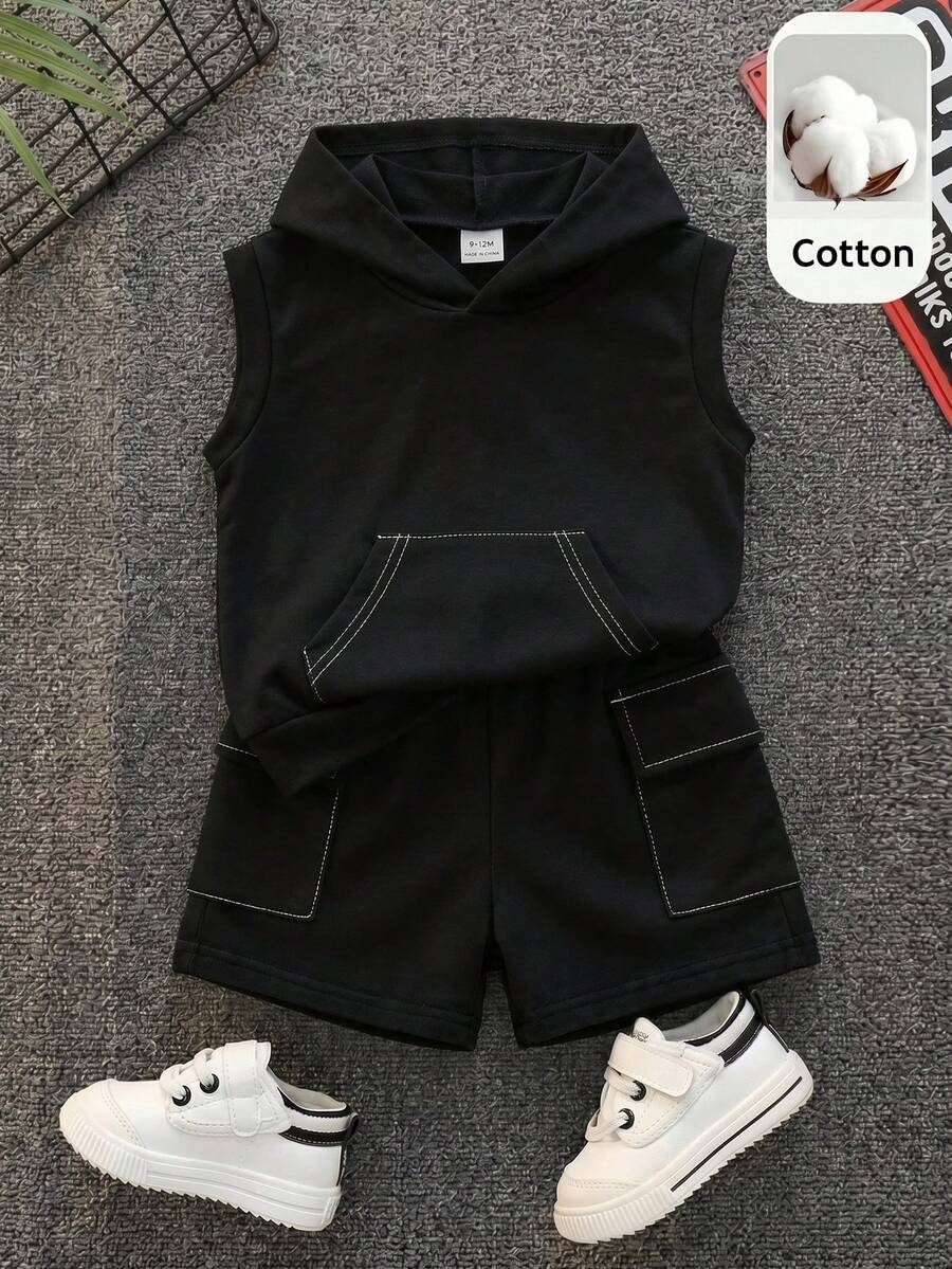 SHEIN 2件組男嬰夏季休閒連帽牛仔上衣與工裝牛仔短褲針織牛仔套裝 - 黑色 - 查看 1