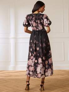Lilora 女款優雅長版花卉印花洋裝，高端時尚百搭優雅裙，適合通勤、日常休閒出遊、聚會、約會、派對、休閒、出遊、假日、度假、夏季、假日旅行 - 彩色 - 查看 2
