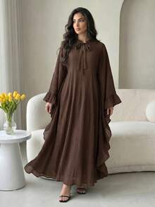 Al Najma Gaun Arab Longgar Lengan Lonceng Kerah Warna Polos untuk Wanita - Coklat - View 7