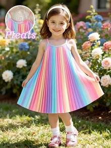 SHEIN Elladie kids 少女款撞色寬鬆百褶細肩帶洋裝 - 彩色 - 查看 7