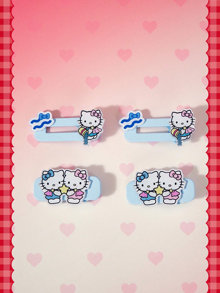HELLO KITTY AND FRIENDS | SHEIN 4Pcs Sanrio Blue Wavy Edge Cute Kitten Square Tip Clip Seamless Hairpin - Multicolor - View 1