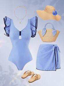 Swim Oasis Women's Summer Beach Vacation Sexy Blue & White Striped Print Ruffle Pleated V-Neck Backless One-Piece Swimsuit  With Tie-Up Skirt Two-Piece Set - Blue and White - View 1