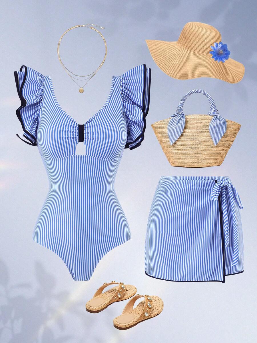 Swim Oasis Women's Summer Beach Vacation Sexy Blue & White Striped Print Ruffle Pleated V-Neck Backless One-Piece Swimsuit  With Tie-Up Skirt Two-Piece Set - Blue and White - View 1