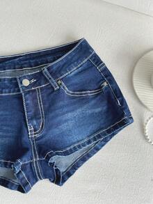 SHEIN Ultra Low Waist Contrast Stitch Denim Mini Shorts - Medium Wash - View 4