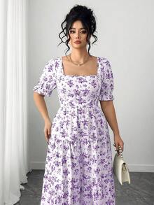 SHEIN Clasi 大尺碼女款花卉方領短袖荷葉邊優雅洋裝 - 彩色 - 查看 5