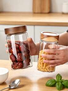 1pc Glass Storage Jar, Airtight Food Container With Wooden Lid, Transparent Glass Canister Suitable For Pantry, Kitchen To Store Flour, Sugar, Tea, Coffee, Snacks, Spices, Etc. - Multicolor - View 4