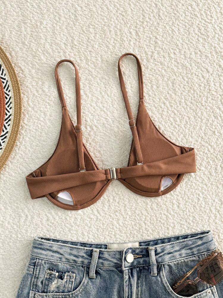 SHEIN Swim Top de traje de baño de unicolor minimalista con aros - Óxido marrón - Añade 2