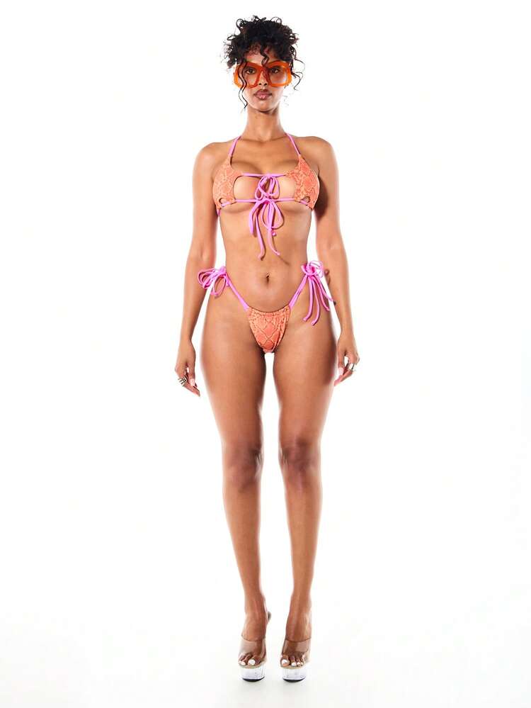 SUMWON WOMEN Snakeskin Print Triangle Bikini Set With Contrast Pink Halter Straps Tie Side Bottom Summer Beach Swimwear