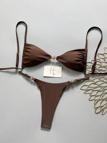 Swim Mod Women's Spring/Summer Solid Color Spaghetti Strap Metal Decor Bikini Set - Brown - View 2
