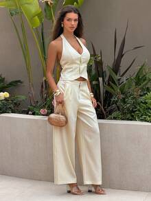 DAZY Women's 2-Piece Set: Summer Lace Patchwork Square Neck Short Sleeve Embroidered Top With Long Pants, Vacation Holiday Outfit - Beige - View 6