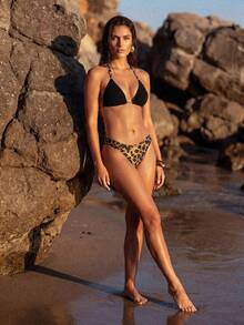 Anewsta Women's Summer Beach Vacation Colorblock Halter Tie Sexy Tropical Bikini And Leopard Print Triangle Bottoms Two-Piece Swimsuit Set Black Brown - Multicolor - View 8