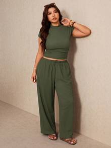 Elaquor Damen Große Größen Einfarbiges Stehkragen Kurzarm T-Shirt und Hose Lässig 2-teiliges Set - Armeegrün - Übersicht 6