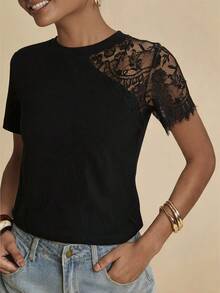 Travachic Women's Summer Casual Lace Patchwork T-Shirt - Black - View 2
