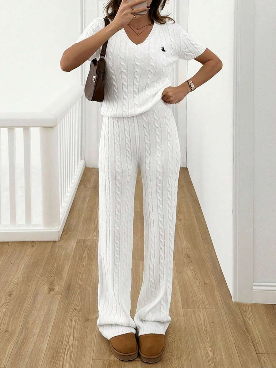 EURMUSE Women's Cable Knit Co-Ords Set - V-Neck Short-Sleeve Fitted Top With Ribbed Trim And High-Waisted Wide-Leg Lounge Pants In Soft Ivory White And Embroidery - Putih - View 1